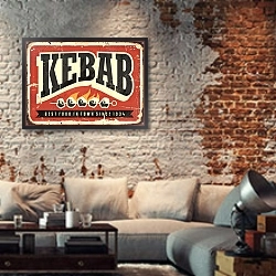 «Кебаб, ретро плакат» в интерьере гостиной в стиле лофт с кирпичной стеной