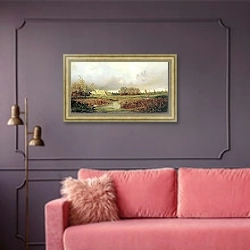 «Болото осенью. 1871» в интерьере гостиной с розовым диваном