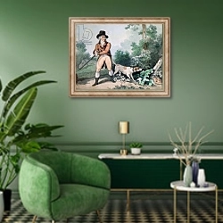 «Hare Shooting engraved by C. Cotton» в интерьере гостиной в зеленых тонах