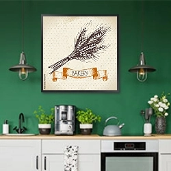 «Иллюстрация со снопом пшеницы» в интерьере кухни с зелеными стенами