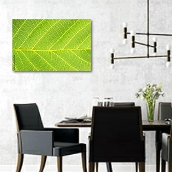 «Абстрактный зеленый лист» в интерьере современной столовой с черными креслами