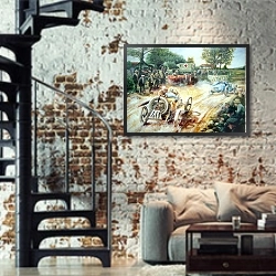 «Автомобили в искусстве 23» в интерьере двухярусной гостиной в стиле лофт с кирпичной стеной