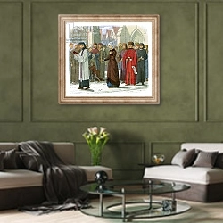 «The duchess of Gloucester does penance» в интерьере гостиной в оливковых тонах