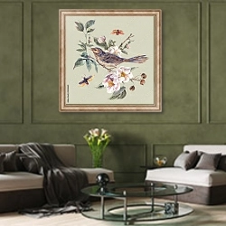 «Акварельная цветущая ветвь с жуками и птицей» в интерьере гостиной в оливковых тонах