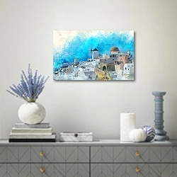 «Рисунок острова Санторини» в интерьере современной гостиной с голубыми деталями