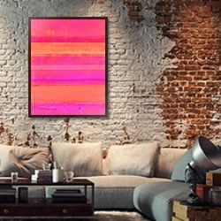 «Розовая абстракция с полосами» в интерьере гостиной в стиле лофт с кирпичной стеной