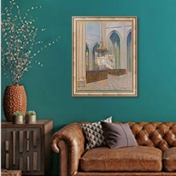 «Katedrála» в интерьере гостиной с зеленой стеной над диваном