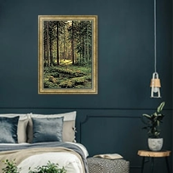 «Хвойный лес. Солнечный день. 1895» в интерьере классической спальни с темными стенами