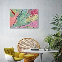 «Разноцветная текстура масляной краски» в интерьере современной гостиной с желтым креслом