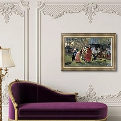 «Девичник. 1889» в интерьере классической гостиной с зеленой стеной над диваном