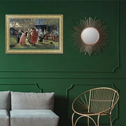 «Девичник. 1889» в интерьере классической гостиной с зеленой стеной над диваном