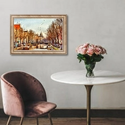 «Амстердамский канал на утренней городской улице» в интерьере в классическом стиле над креслом