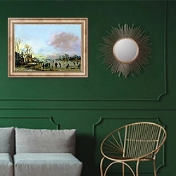 «Деревня зимой, фигуристы на замерзшем канале» в интерьере классической гостиной с зеленой стеной над диваном