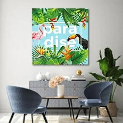 «Райский тукан и фламинго в тропических листьях» в интерьере современной гостиной над комодом