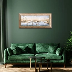 «A Bird's Eye View of Valetta from the Sea, with Men-o-War entering the Harbour,» в интерьере зеленой гостиной над диваном