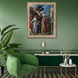 «Подготовка Святого Лоуренса к мученичеству» в интерьере гостиной в зеленых тонах