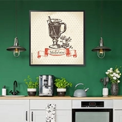 «Иллюстрация с глинтвейном и корицей» в интерьере кухни с зелеными стенами