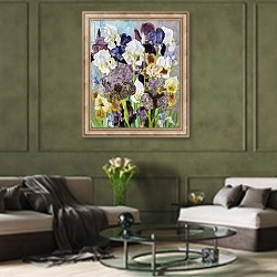 «May Flowering Irises, 1935» в интерьере гостиной в оливковых тонах