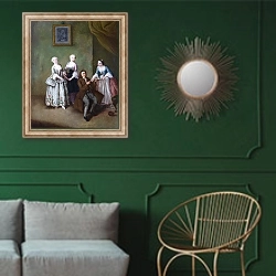 «Интерьер с тремя женщинами и сидящим мужчиной» в интерьере классической гостиной с зеленой стеной над диваном