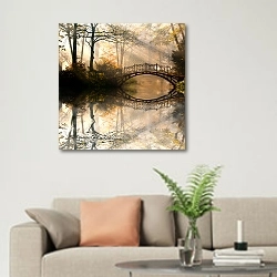 «Осень, мостик в парке» в интерьере современной светлой гостиной над диваном