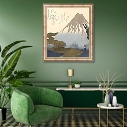 «Mount Fuji Under the Snow» в интерьере гостиной в зеленых тонах