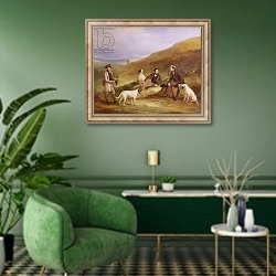 «Edward Horner Reynard and his Brother, George, Grouse Shooting with the Keeper, 1836» в интерьере гостиной в зеленых тонах