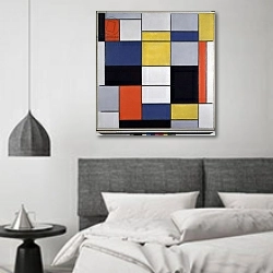 «Composition A Painting by Piet Mondrian 1919 Rome Galleria Nazionale d 'Arte Moderna» в интерьере спальне в стиле минимализм над кроватью