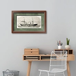 «American steamer sailing. Original, from drawing of Lebreton, published on L'Illustration, Journal U» в интерьере кабинета с деревянным столом