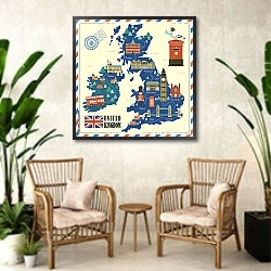 «Великобритания, карта с достопримечательностями» в интерьере комнаты в стиле ретро с плетеными креслами