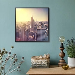 «Вид Манхэттена на рассвете, Нью-Йорк, США» в интерьере в стиле ретро с бирюзовыми стенами