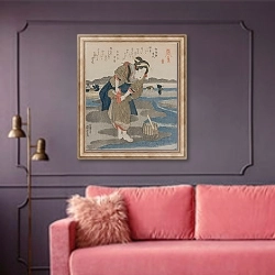 «Woman Fastening her Skirts; from the series Five Pictures of Low Tide» в интерьере гостиной с розовым диваном