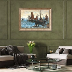 «Seascape with Many Sailing Boats» в интерьере гостиной в оливковых тонах