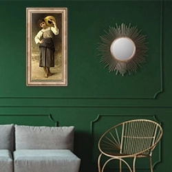 «Девочка, идущая к фонтану» в интерьере классической гостиной с зеленой стеной над диваном