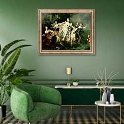 «Europa Being Carried off by Jupiter Metamorphosed into a Bull, c.1700» в интерьере гостиной в зеленых тонах
