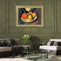 «Натюрморт с гранатом и грушами» в интерьере гостиной в оливковых тонах