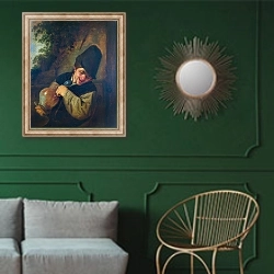 «Крестьянин, держащий кувшин и трубку» в интерьере классической гостиной с зеленой стеной над диваном