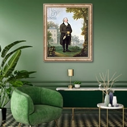 «Gentleman in the Grounds of his House, c.1800-10» в интерьере гостиной в зеленых тонах