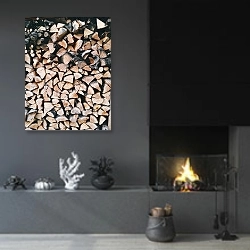 «Дрова» в интерьере гостиной в стиле минимализм с камином
