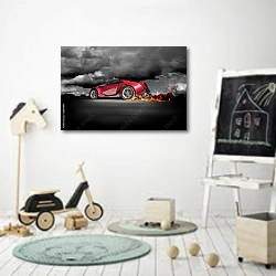 «Красный спортивный автомобиль с огненным шлейфом» в интерьере детской комнаты для мальчика с самокатом