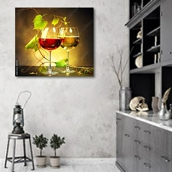 «Два бокала вина, украшенные виноградными лозами» в интерьере современной кухни в серых тонах