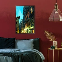 «Вечерний свет в Готическом квартале Барселоны» в интерьере спальни с акцентной стеной
