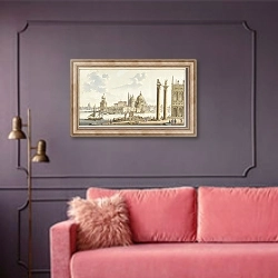 «Gezicht op de Sta. Maria della Salute vanaf het S. Marcoplein te Venetië» в интерьере гостиной с розовым диваном