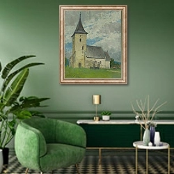 «Church in Kysak» в интерьере гостиной в зеленых тонах
