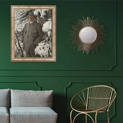 «The painter Bruno Liljefors, 1906» в интерьере классической гостиной с зеленой стеной над диваном
