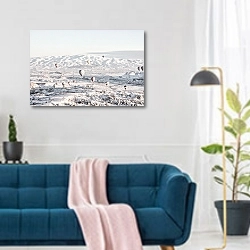 «Белые шары над белыми полями, Каппадокия, Турция» в интерьере современной гостиной над синим диваном
