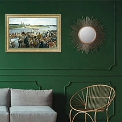 «Крестный ход. 1893» в интерьере классической гостиной с зеленой стеной над диваном