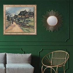 «Domy na dedine s figurálnou štafážou» в интерьере классической гостиной с зеленой стеной над диваном