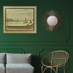 «Канал в Грейвлайнз, Вечер» в интерьере классической гостиной с зеленой стеной над диваном