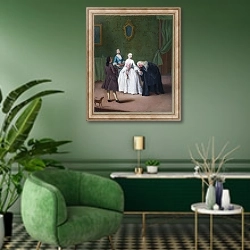 «Знатный мужчина, целующий руку женщине» в интерьере гостиной в зеленых тонах