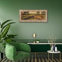 «The Harvest, 17th century» в интерьере гостиной в зеленых тонах